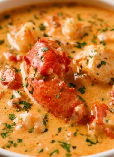 A bowl of creamy Seafood Bisque garnished with fresh herbs and seafood