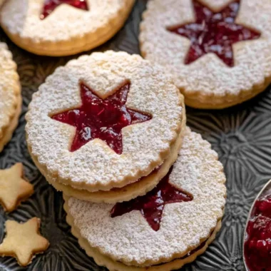 Shortbread Linzer cookies filled with raspberry jam on a decorative plate