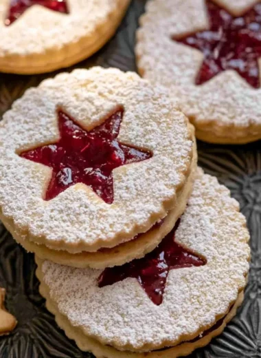 Shortbread Linzer cookies filled with raspberry jam on a decorative plate